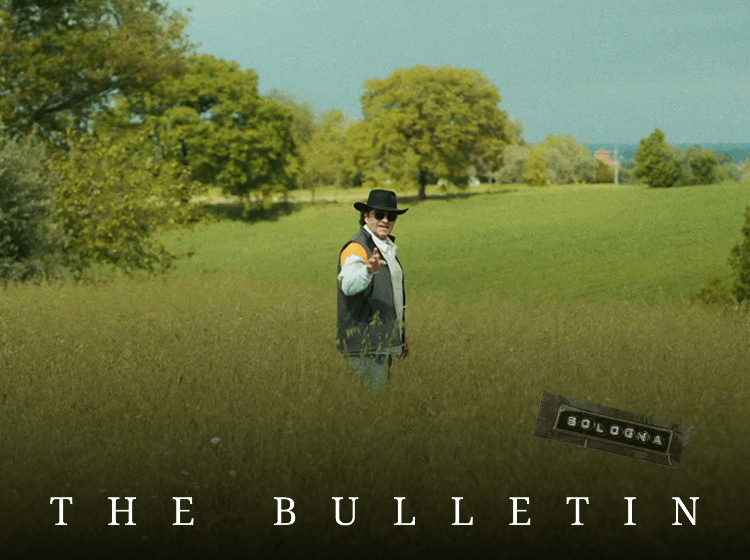 Wide countryside scene with a person standing in field under open sky