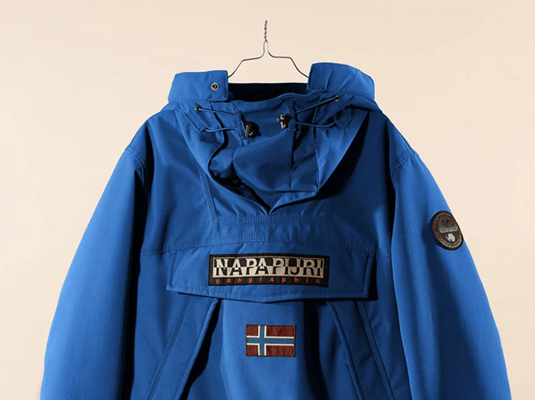 Napapijri anorak jacket in blue, studio close-up showing logo