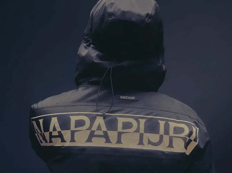 Back view of navy Napapijri jacket featuring large logo.