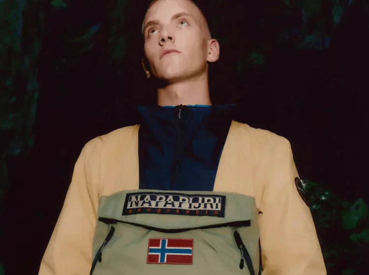 Napapijri anorak jacket chest detail, close-up showing logo patch and front pocket construction