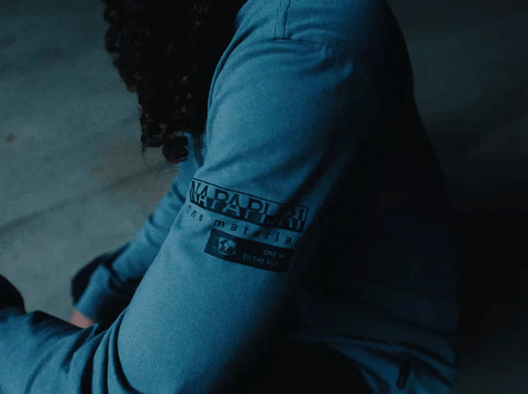 Napapijri One Material logo on blue long-sleeve top.