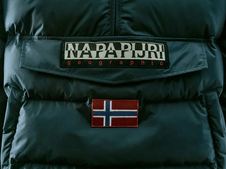 Napapijri Geographic logo patch on padded jacket, close-up detail of chest branding