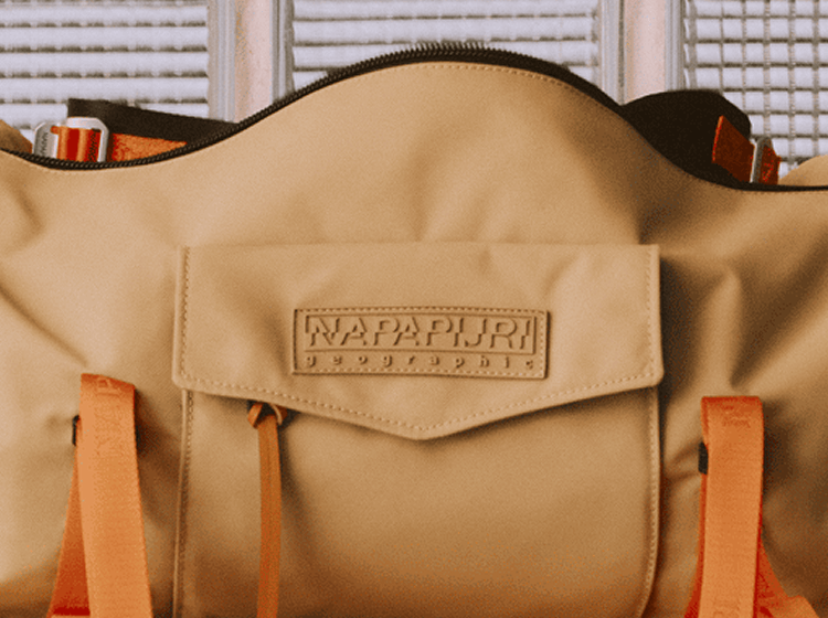 Napapijri duffel bag in beige, studio product view showing front flap pocket and logo