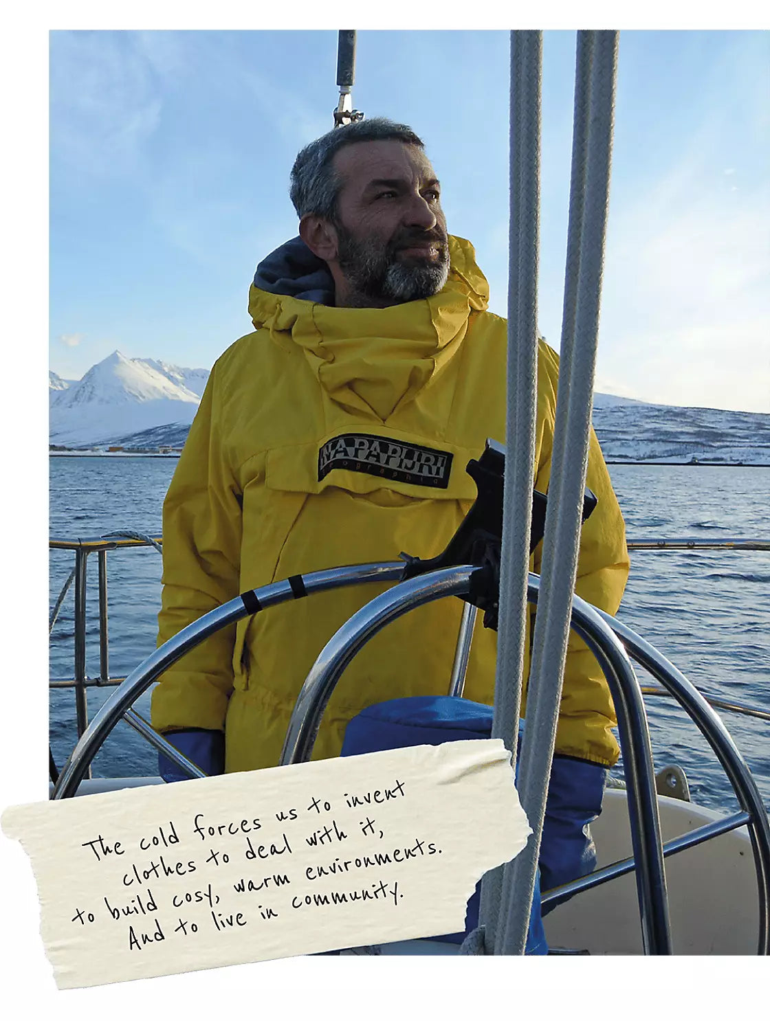 Napapijri yellow sailing jacket worn by a person on a boat in open waters.