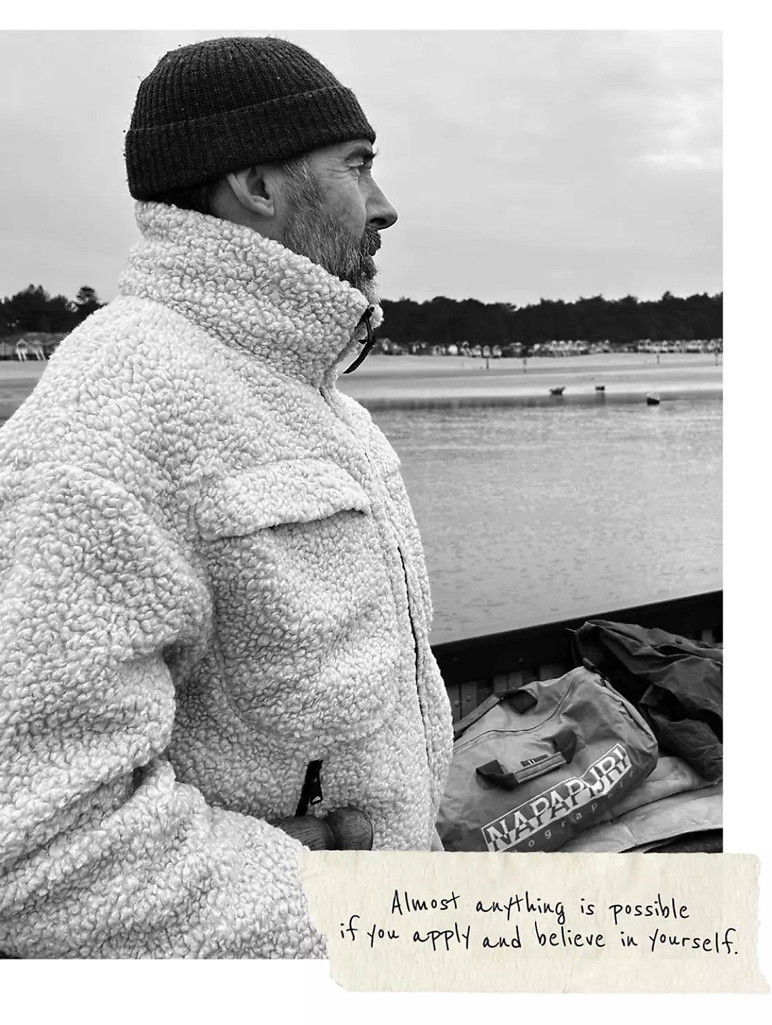 Napapijri shearling jacket worn at shoreline during cold coastal conditions.